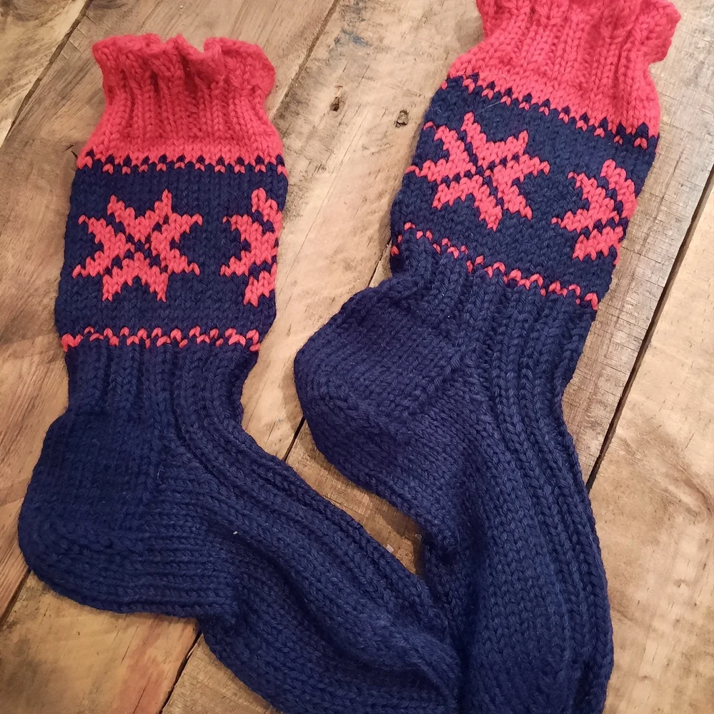 New handknit sock slippers blue red Snowflakes